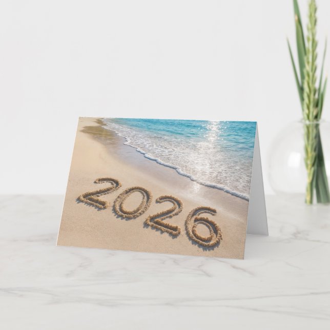 Tarjeta Festiva Playa de Isla Tropical de Año Nuevo 2026 (Anverso)