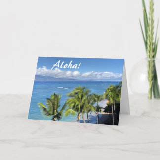 Tarjeta Festiva Playa hawaiana, océano y palmeras