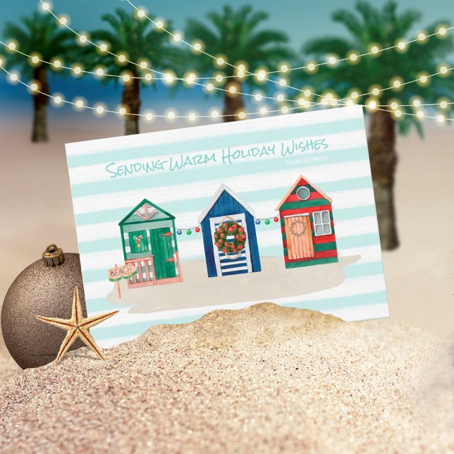 Tarjeta Festiva Playa verde azulada Coastal Warm Wishes Beach Huts (Subido por el creador)