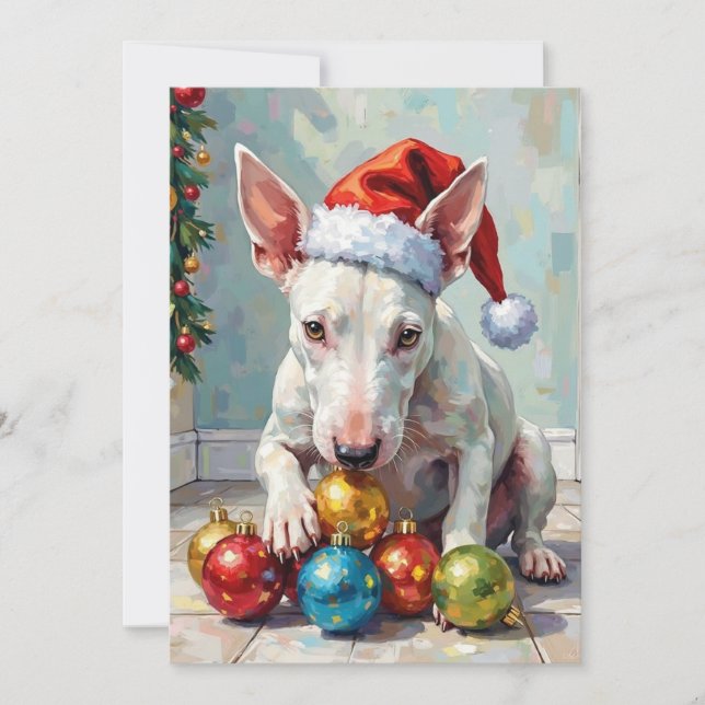 Tarjeta Festiva Playful Bull Terrier Dog Guarding Christmas (Anverso)