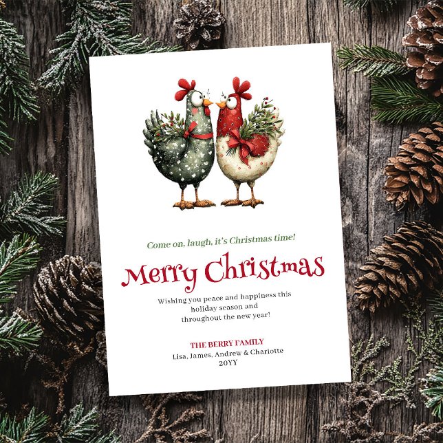Tarjeta Festiva Playful Chickens Whimsical Christmas Greeting Card (Playful Chickens Whimsical Christmas Greeting Card)
