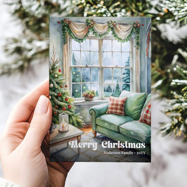 Tarjeta Festiva Playful festive scene card red green watercolor  (Playful festive scene card red green watercolor tag

)