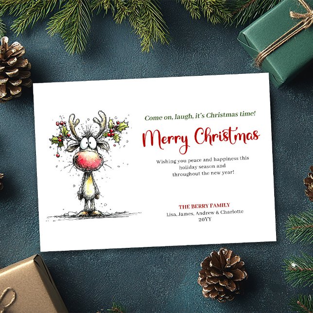Tarjeta Festiva Playful Funny Santa Watercolor Red Green Greeting  (Funny Christmas greeting card,
quirky cartoon Christmas reindeer,
cartoonish artistic holiday  Xmas,)
