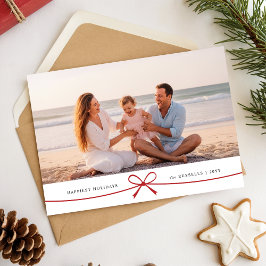 Tarjeta Festiva Playful Red Bow Family Beach Photo Christmas