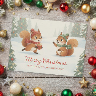 Tarjeta Festiva Playful Squirrels in Christmas Winter Forest