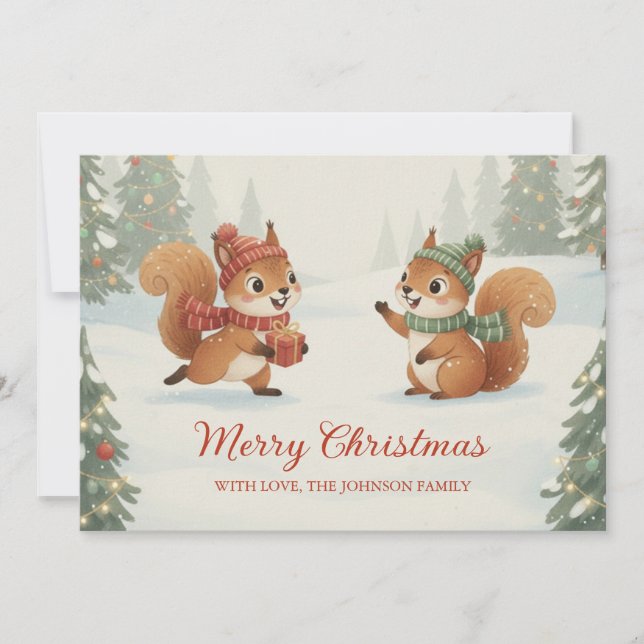 Tarjeta Festiva Playful Squirrels in Christmas Winter Forest (Anverso)