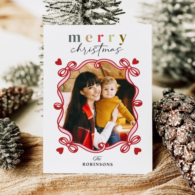 Tarjeta Festiva Playous Hearts Ribbon Bow Merry Christmas Photo (Subido por el creador)