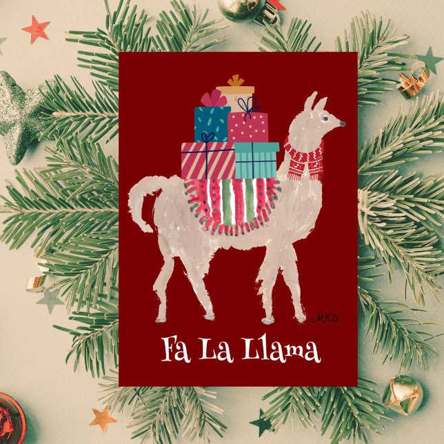 Tarjeta festiva plegada de animales dibujados a ma (This festive llama is hand painted with vivid colors that pop against the red background.)