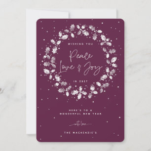 Tarjeta Festiva Plum Paz Amor + Alegría Corona de Acebo Impresa a