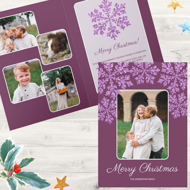Tarjeta Festiva Pluma de copo de nieve Bling Moda de escritura de  (Deep plum purple and faux purple snowflakes will make your 5 photos Christmas cards SO fun )