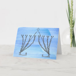 Tarjeta Festiva Pluma y tinta Chanukah Menorah en campo azul