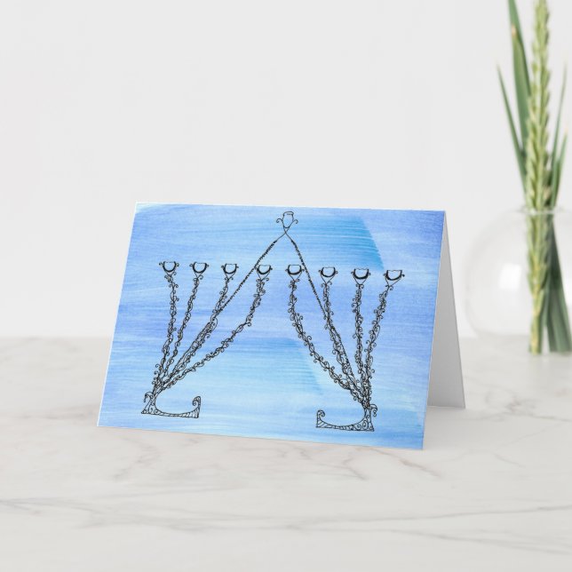 Tarjeta Festiva Pluma y tinta Chanukah Menorah en campo azul (Anverso)