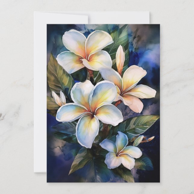 Tarjeta Festiva Plumeria de Mediana Noche de Hawái (Anverso)