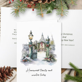 Tarjeta Festiva Poem Green Red Snow Nordic Winter Scene Navidades