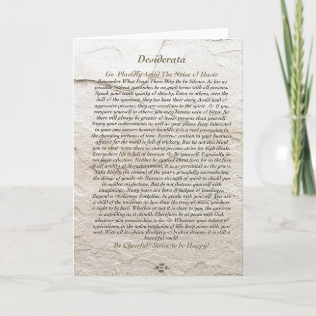 Tarjeta Festiva Poema de DESIDERATA en piedra de luna (Anverso)
