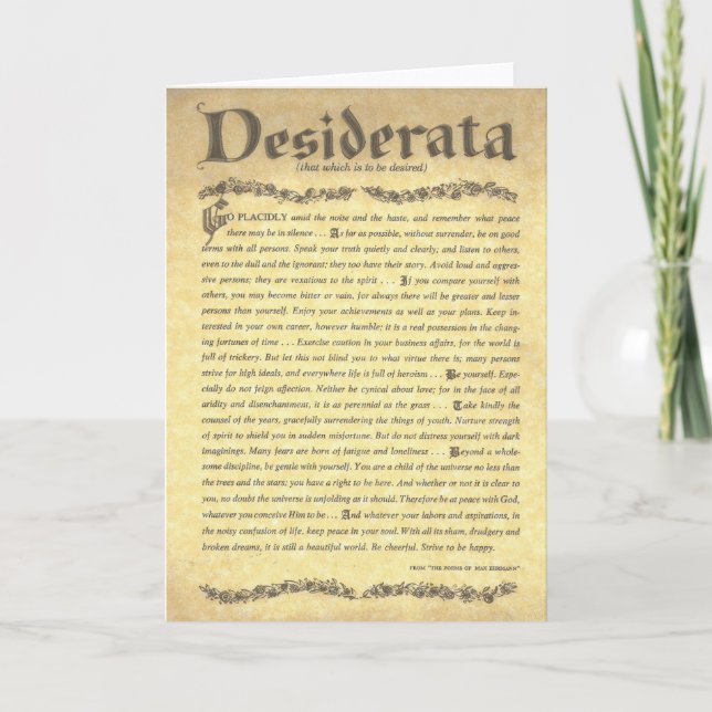 Tarjeta Festiva Poema de DESIDERATA=Max Ehrmann=Colección de perga (Anverso)