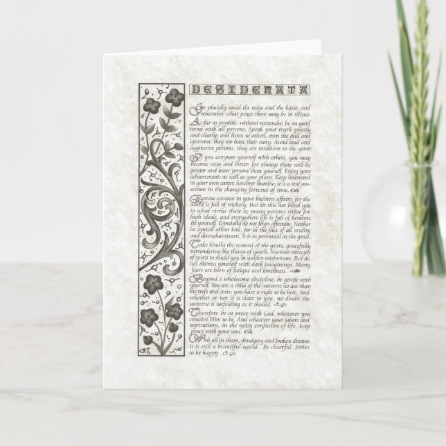 Tarjeta Festiva Poema de DESIDERATA=Max Ehrmann=Colección de perga (Anverso)