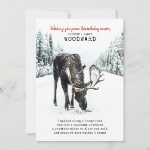 Tarjeta Festiva Poema de Paz con Alce en Escena de Nieve Invernal