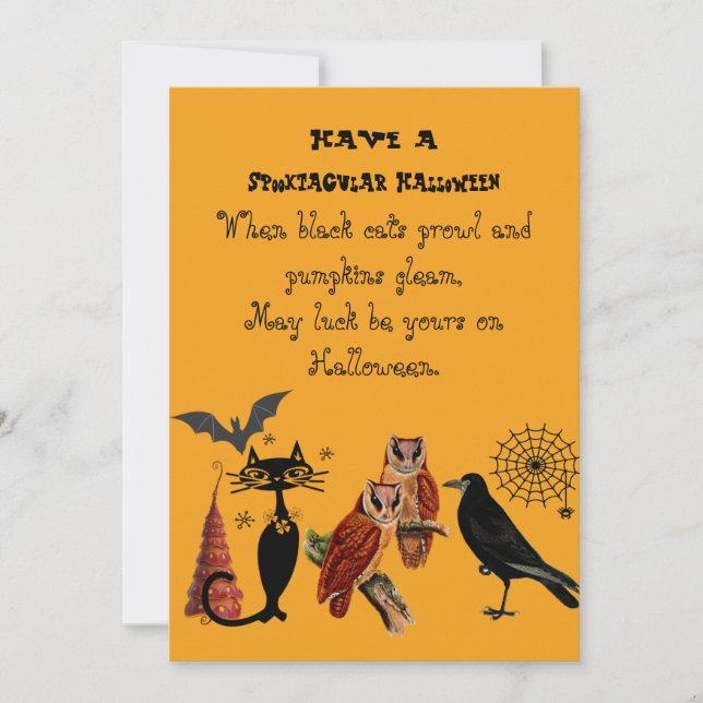 Tarjeta Festiva  Poema Espeluznante de Halloween Gato Negro Búhos  (Anverso)