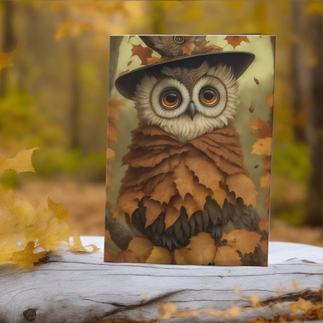 Tarjeta Festiva Poema Romántico de búho otoño en Woodland (Adorable Fall Owl in leaves greeting card for Autumn Anniversary or Romantic Halloween)