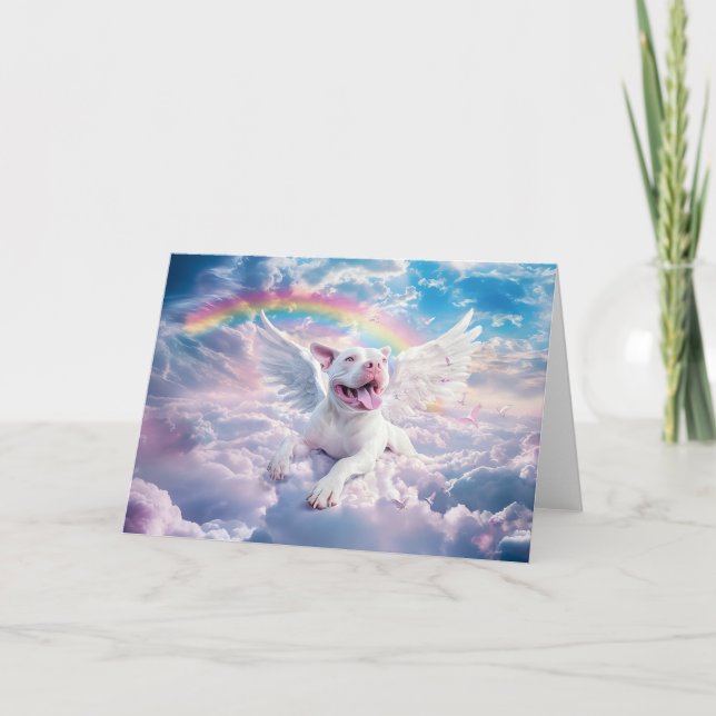 Tarjeta Festiva Poema sobre el puente arcoiris, Perro Ángel Blanco (Anverso)