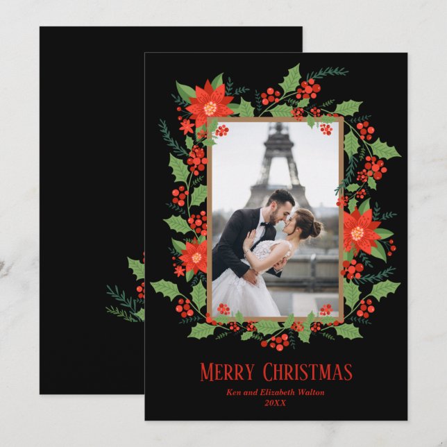 Tarjeta Festiva Poinsettia and Berries Christmas Photo (Anverso / Reverso)