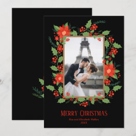 Tarjeta Festiva Poinsettia and Berries Christmas Photo