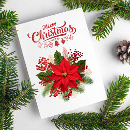 Tarjeta Festiva Poinsettia Berries Ornaments Merry Christmas