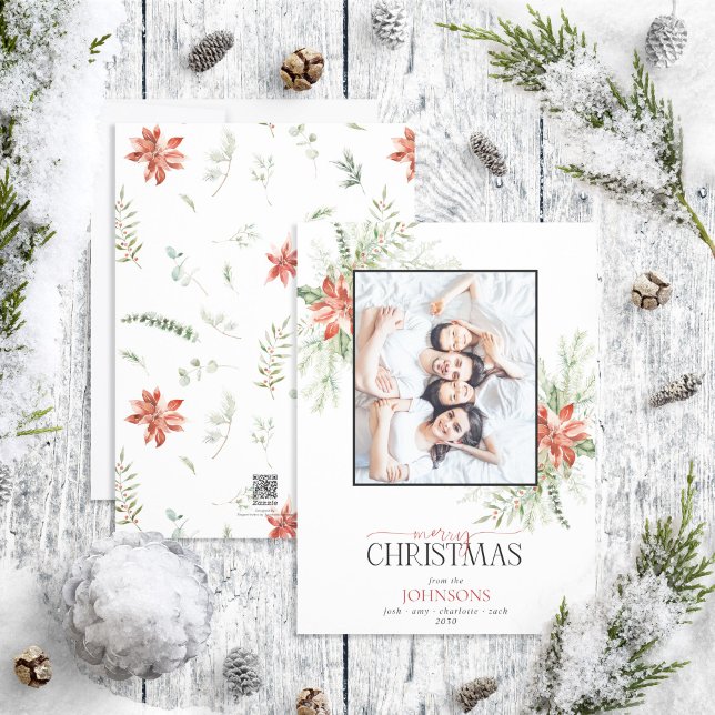 Tarjeta Festiva Poinsettia Berry Greenerenery Merry Christmas Phot (Subido por el creador)