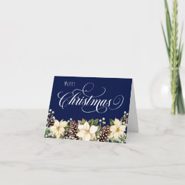 Tarjeta Festiva Poinsettia blanca doblada azul