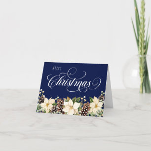 Tarjeta Festiva Poinsettia blanca doblada azul