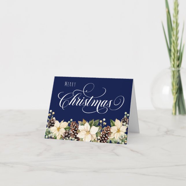 Tarjeta Festiva Poinsettia blanca doblada azul (Anverso)