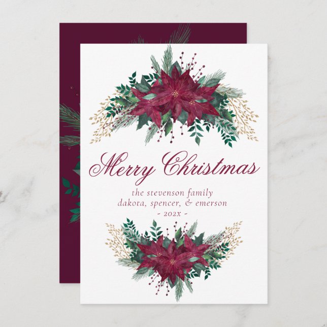 Tarjeta Festiva Poinsettia Borgoña y Verde azulada Garland floral  (Anverso / Reverso)