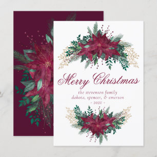 Tarjeta Festiva Poinsettia Borgoña y Verde azulada Garland floral 