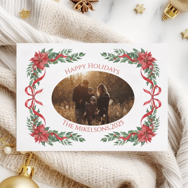 Tarjeta Festiva Poinsettia Bow Photo Christmas (Subido por el creador)