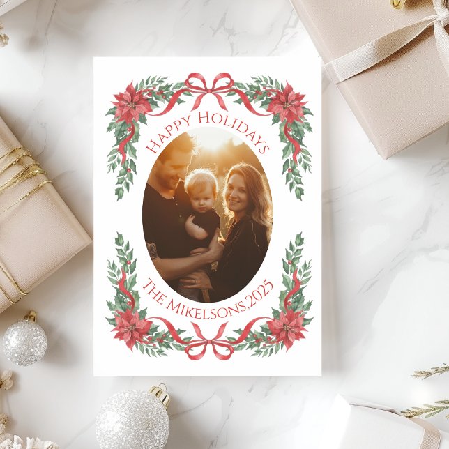 Tarjeta Festiva Poinsettia Bow Photo Christmas (Subido por el creador)