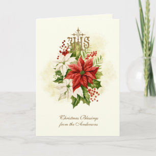 TARJETA FESTIVA POINSETTIA CATÓLICA IHS SANTO NOMBRE DE JESÚS