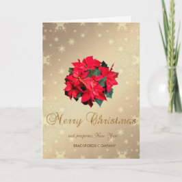 Tarjeta Festiva Poinsettia, copos de nieve dorados, saludo corpora