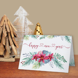 Tarjeta Festiva Poinsettia de follaje de invierno Acuarela Año Nue