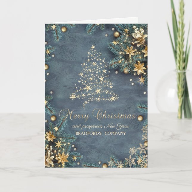 Tarjeta Festiva Poinsettia de oro, ramas de árbol de pino, estrell (Anverso)