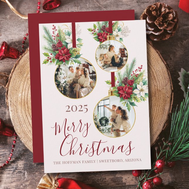 Tarjeta Festiva Poinsettia Floral 3 Photo Ornament Merry Christmas (elegant 3 photo merry christmas card with gold ornaments and poinsettia floral design with script)