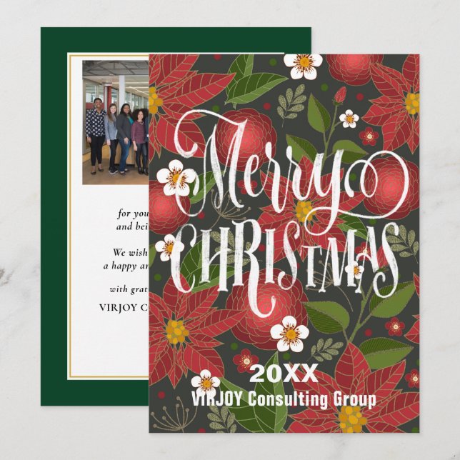 Tarjeta Festiva Poinsettia Floral Elegante Script Photo Business (Anverso / Reverso)