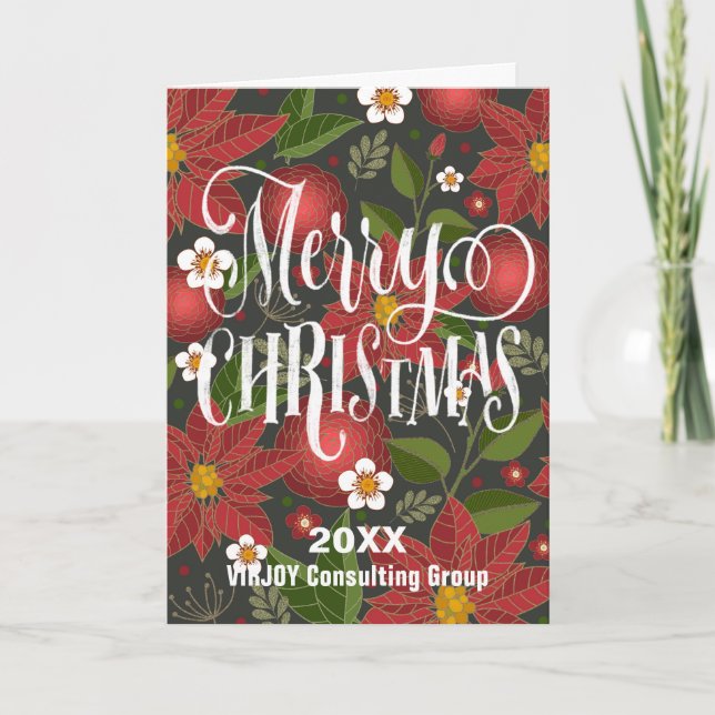 Tarjeta Festiva Poinsettia Floral Elegante Script Photo Business (Anverso)