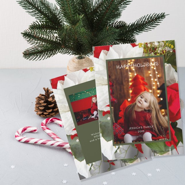 Tarjeta Festiva Poinsettia Floral Happy Holiday 2 Photo Card (Subido por el creador)