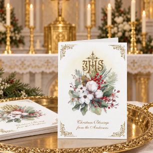 Tarjeta Festiva Poinsettia floral navideña católica IHS