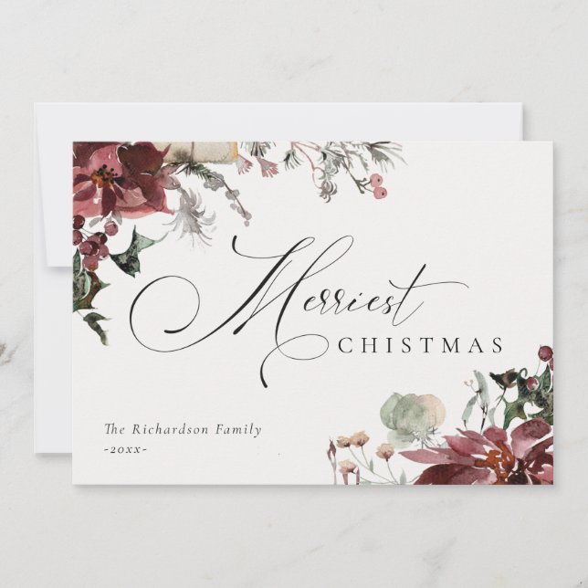 Tarjeta Festiva Poinsettia Floral Rojo Oscuro Navidades Más Alegre (Anverso)