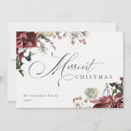 Tarjeta Festiva Poinsettia Floral Rojo Oscuro Navidades Más Alegre