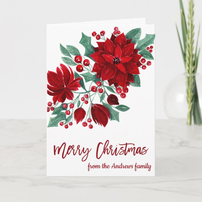 Tarjeta Festiva Poinsettia Flowers Ivy Leaves Watercolor Navidades (Anverso)