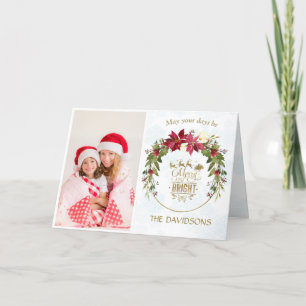 Tarjeta Festiva Poinsettia Gold Merry y Navidades fotográficos bri
