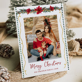 Tarjeta Festiva Poinsettia Greenery Gold Merry Christmas 1 Photo